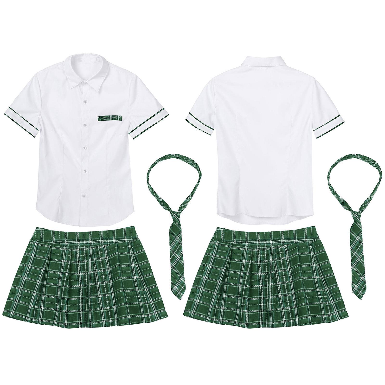 

Женский костюм школьницы, комплект, рубашка с короткими рукавами, плиссированной юбкой и галстуком, школьная форма, нарядное платье для косплея XL зелёный