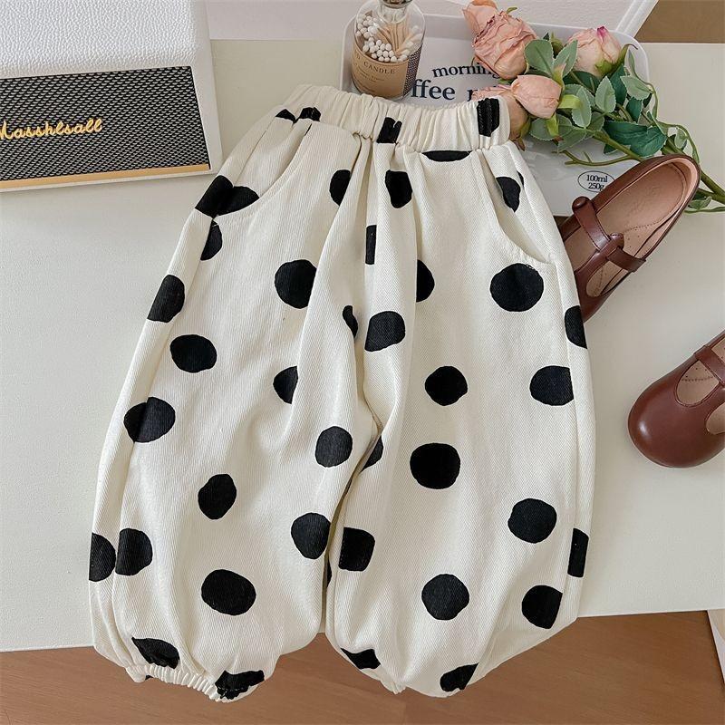 

Adorable Purple And Cream Cotton Two-piece Set For Girls With Short Sleeves And Polka Dot Print For Spring And Summer Style Beige Pants,140cm/55.12in