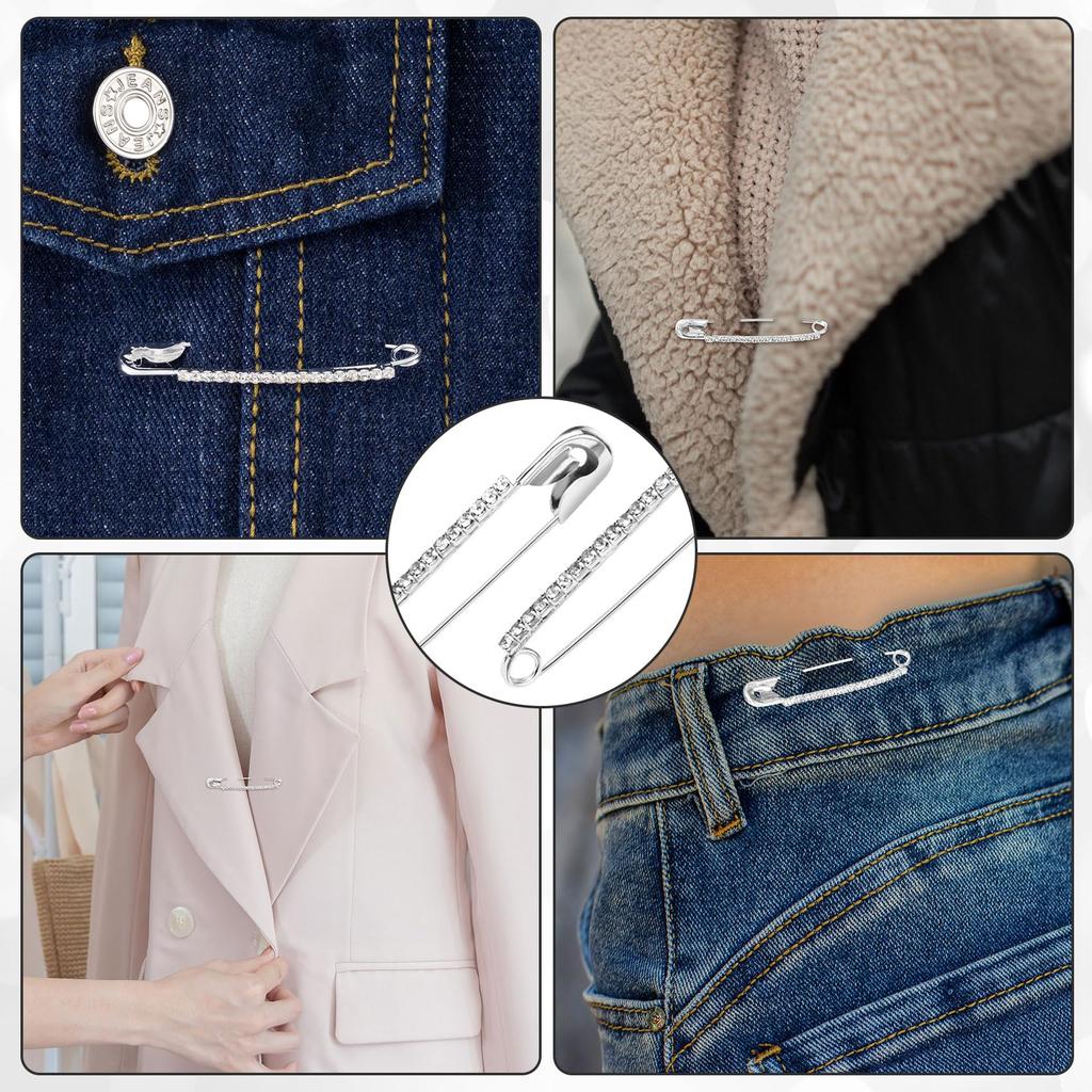 5Pcs Silver Rhinestone Safety Pins Sweater Shawl Clips Women Brooch Pins Jewelry Making Supplies For Clothes Hats Shawl