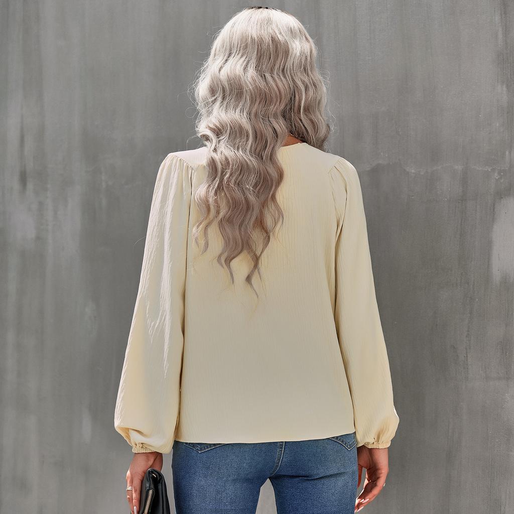 Women Autumn Solid Color Round Neck Pullover Loose Long Sleeve T Shirt Top