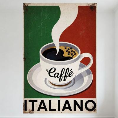 Vintage Italienisches Caffè Metallblechschild - Retro Kaffeetasse mit Dampf & Bohnen, Hintergrund in Italienischer Flaggenfarbe, Abgenutzte Wandkunst f