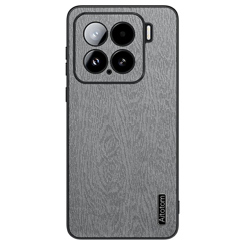 

For Xiaomi 15 Case Wood Texture PU Leather Coated PC+TPU Phone Cover Grey
