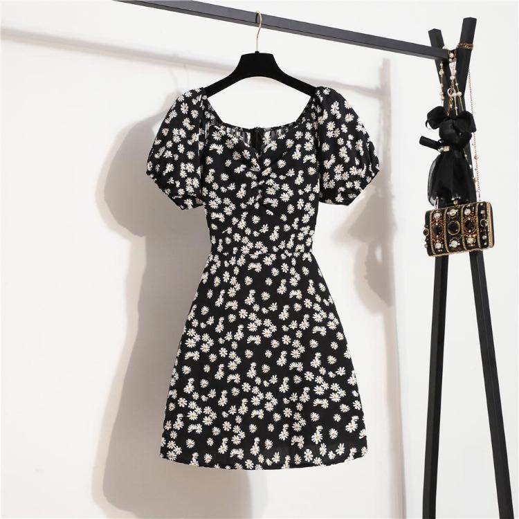 Korean Style Elegant Floral Printed Women Mini Dress Bohemian Pleated Puffy Sleeve Sexy Summer Vestidos Shirring Female Short Dress