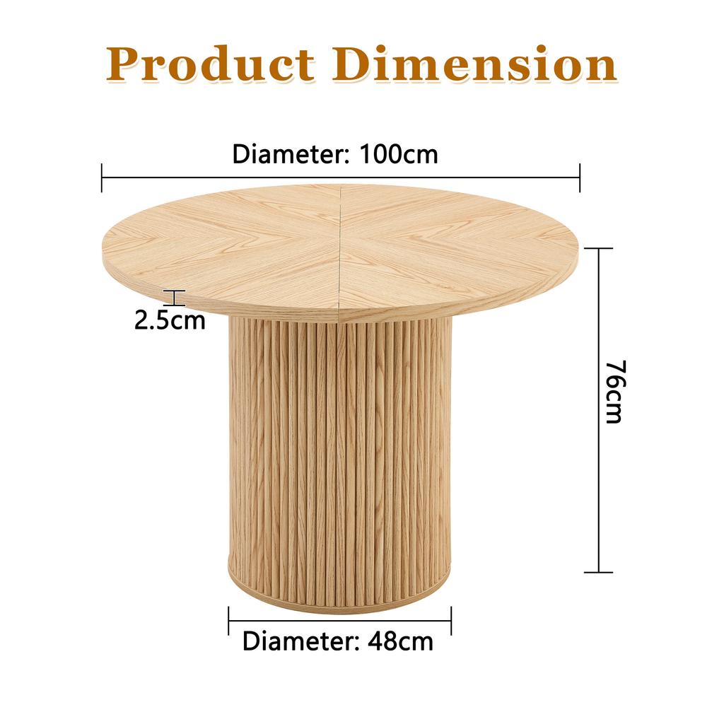 Round Dining Table Made of MDF (100 cm) for 4-6 People: Tabletop (4 Segments) in Light Wood Look, Cylindrical Legs with Metal Support & Velcro.