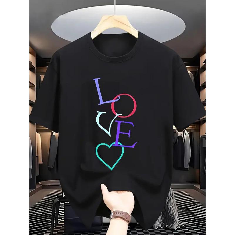

European sizes Men S Summer Casual T-Shirt with Colorful LOVE Print, Crew Neck, Short Sleeve, Slight Stretch Fabric - Ideal for Adult Fashion 4XL чорний