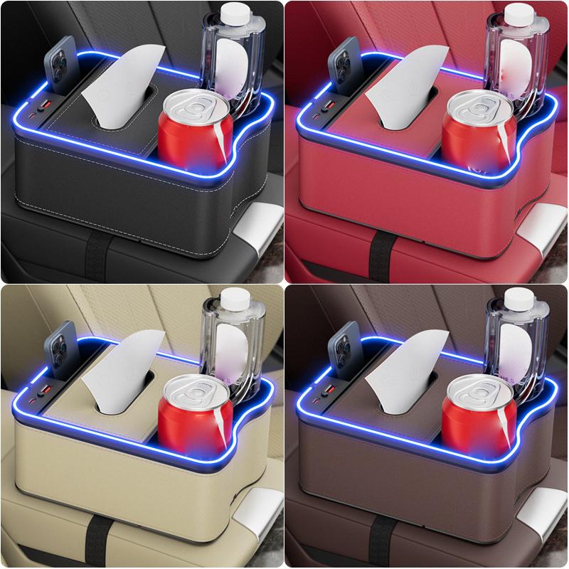 

Автомобильный ящик для сиденья Rgb, ящик для хранения, атмосферный свет, автомобильный органайзер, тканевые напитки