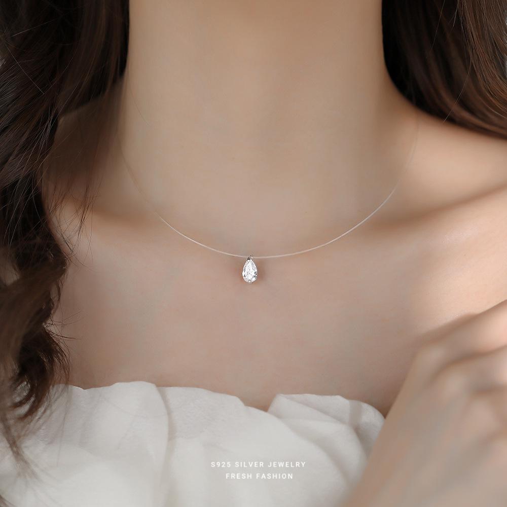 S925 Mermaid's Tears Necklace: Elegant Zircon Pendant on Invisible Fishing Line with Simple Luxury Clavicle Chain for Women