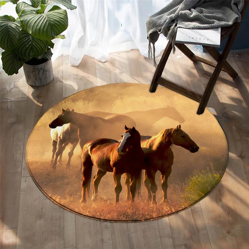 3D Running Horses Round Carpet Non-slip Mat Luxury Wild Horse Area Rug for Game Room Bedroom Decoration