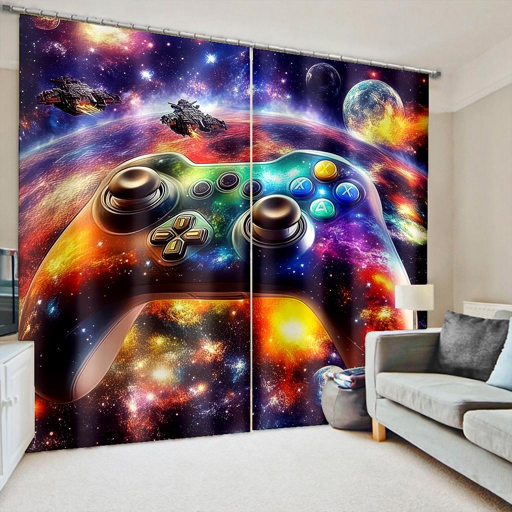 3D Galaxy Gamepad Vorhänge 2 Paneele Bunter Universum Sternen Druck Sonnenschutz Schlafzimmer Dekor Gamer Favorit Sci-Fi Weltraum Thema