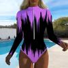 Women Long Sleeve One Piece Swimsuit Zip Front Gradient Ink Splashing Print Rash Guard Surfing Bathing Suit