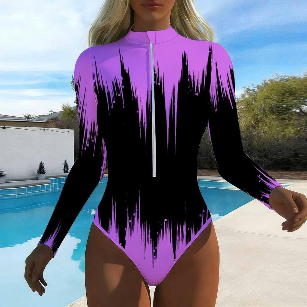Women Long Sleeve One Piece Swimsuit Zip Front Gradient Ink Splashing Print Rash Guard Surfing Bathing Suit