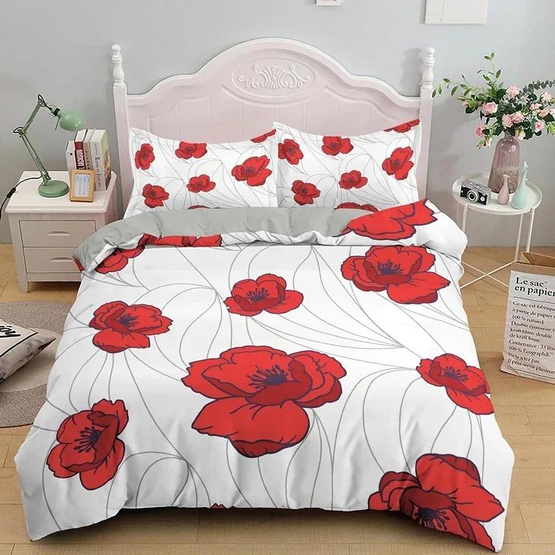 Blühende Blumen King Queen Bettbezug Rote Granatapfelblüte Bettwäscheset für Frauen Lieblich Floral 2/3-teilig Polyester Steppdeckenbezug