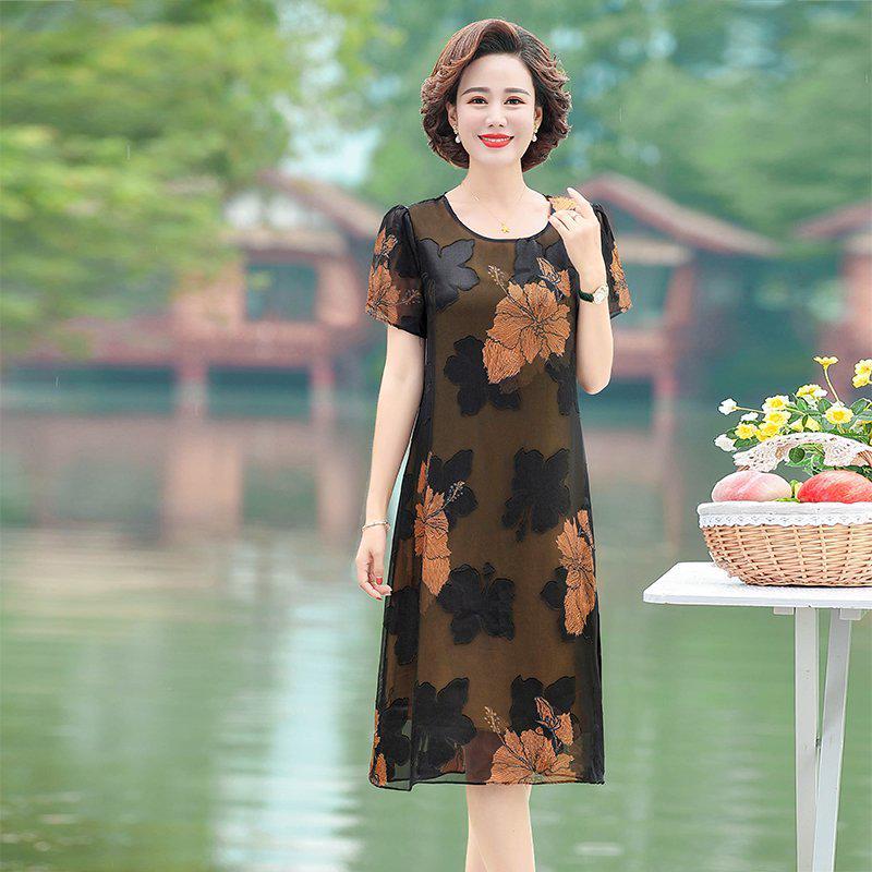 Women's Summer Floral Chiffon Dress - Loose Fit, Plus Size, Slimming, Korean Style for Middle-aged Mothers