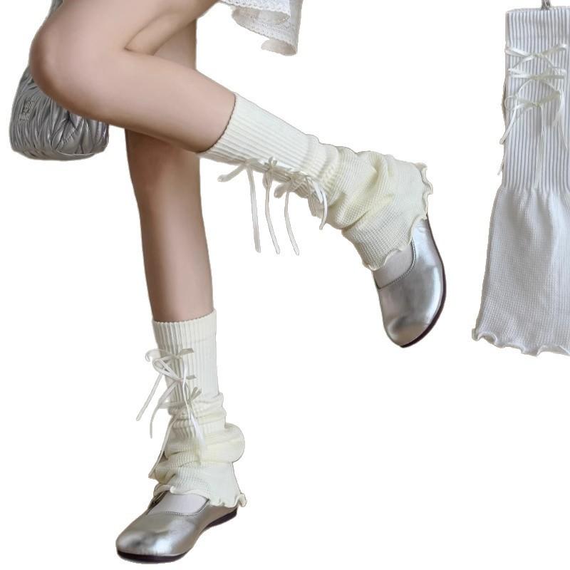 White Bow Stack Socks Women Y2K Style Thin Mid-Calf Leg Warmers Sweet Punk Cotton Blend