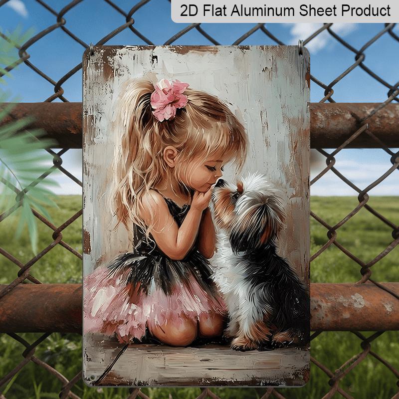 2D Flat, 1pc Vintage "Girl & Yorkshire Terrier" Aluminium Sign - 8"x12" Rustic Pet & Family Decor, Heartwarming Dog Lover Wall Art, Perfect Gift for