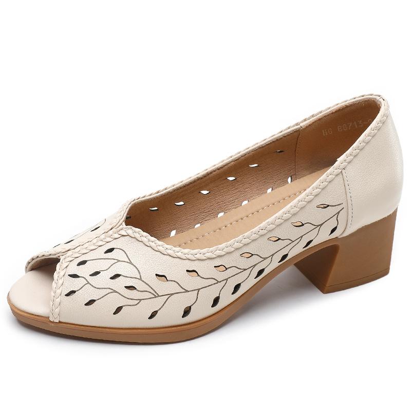 Fashion GKTINOO Genuine Leather Hollow Fish Mouth Sandals Women Shoes 2025 Large Size Mid Heel Soft Sole Woman's Sandals Fashion Shoes