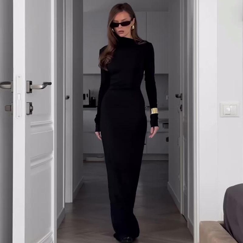 

2024 Autumn Women s Solid Color Long-Sleeve Dress - Elegant European & American Style L чёрный