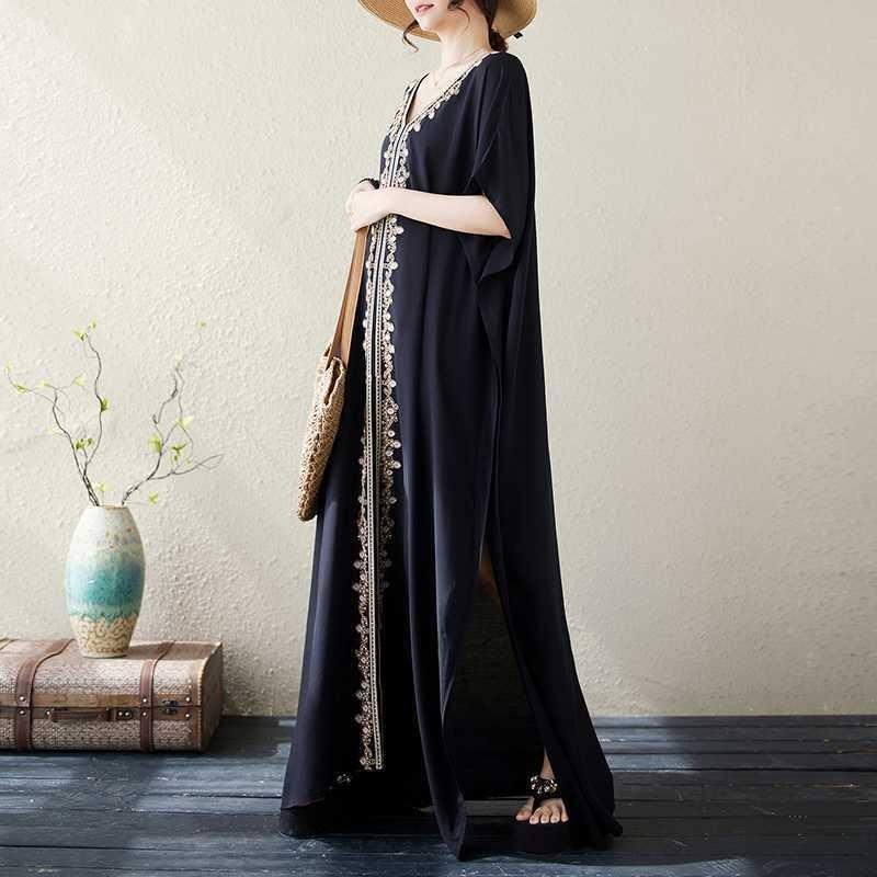 Solid Heavy Embroidery Plus Size Loose V-Neck Pullover Bohemian Vacation Solid Color Long Dresses