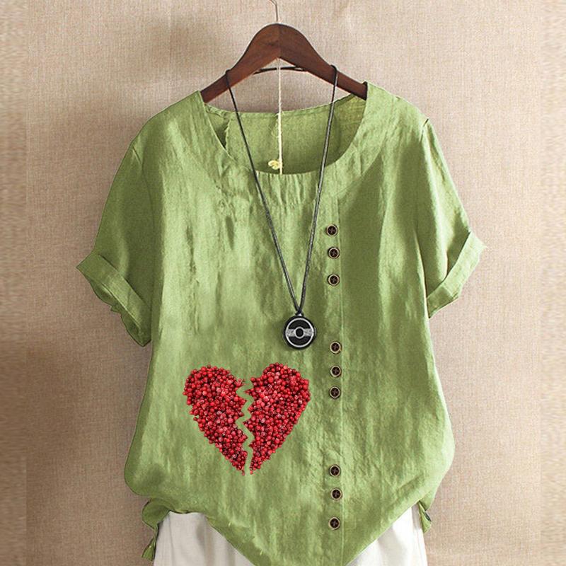 Women's Fashion Red Love Prined Short Sleeve T-shirt Loose Cotton Shirt Casual Loose Summer Blouse Tops Plus Size