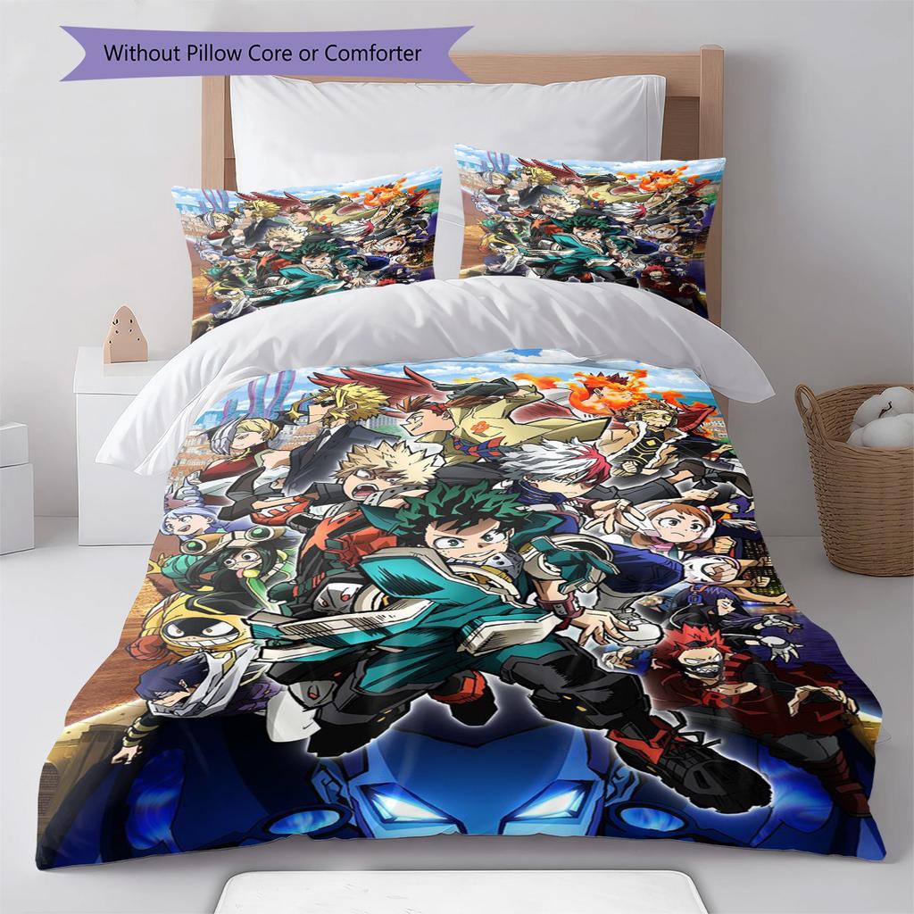 Anime Hero Academia Pattern Bedding Set Quilt Cover Pillowcase Home Decor Gift (1 * Duvet Cover + 2 * Pillowcase, Without Core)