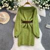 Autumn Winter Women Elegant O-neck Knitted Sweater Chic Mini Short Straight Pullover Dresses with Belt