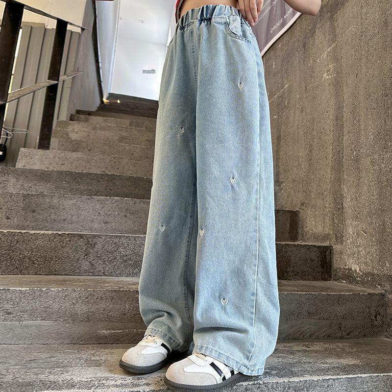 Girls' Embroidered Casual Wide-Leg Jeans for Spring & Autumn