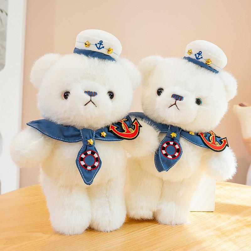 Plush Navy Bear Toy With Captain Uniform Soft Stuffed Animal Decor Playroom