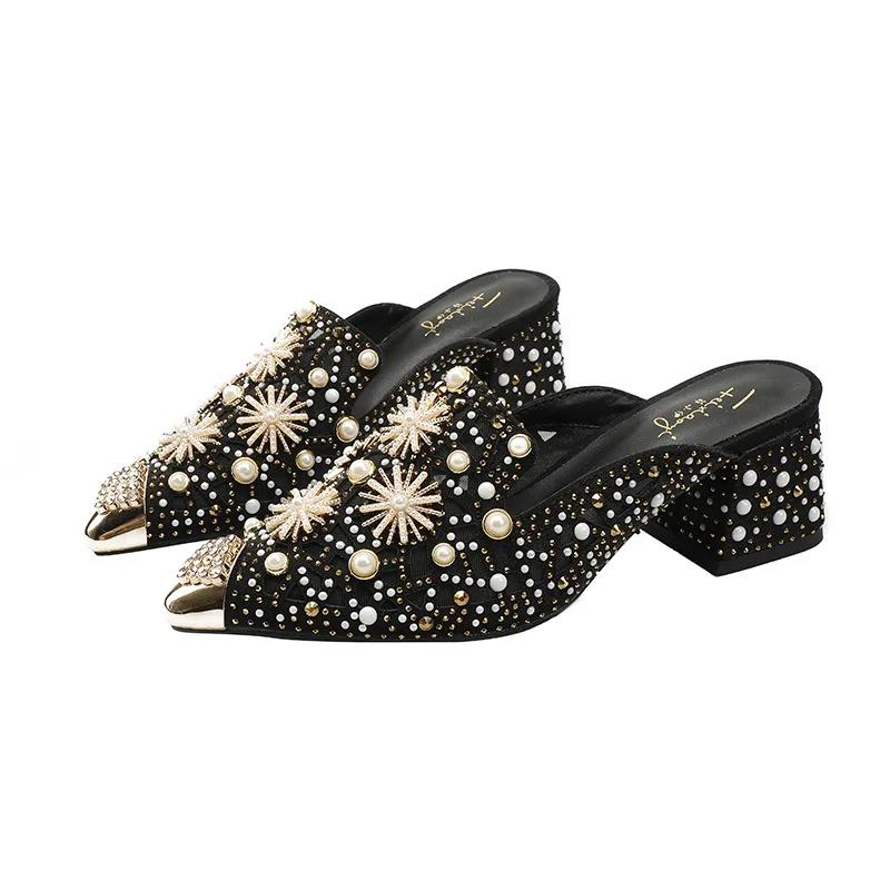 Summer Women Shoes High Heels Sandals Pointed Toe Bling Pearl Rhinestone Slipper Girl Street Trend Pumps