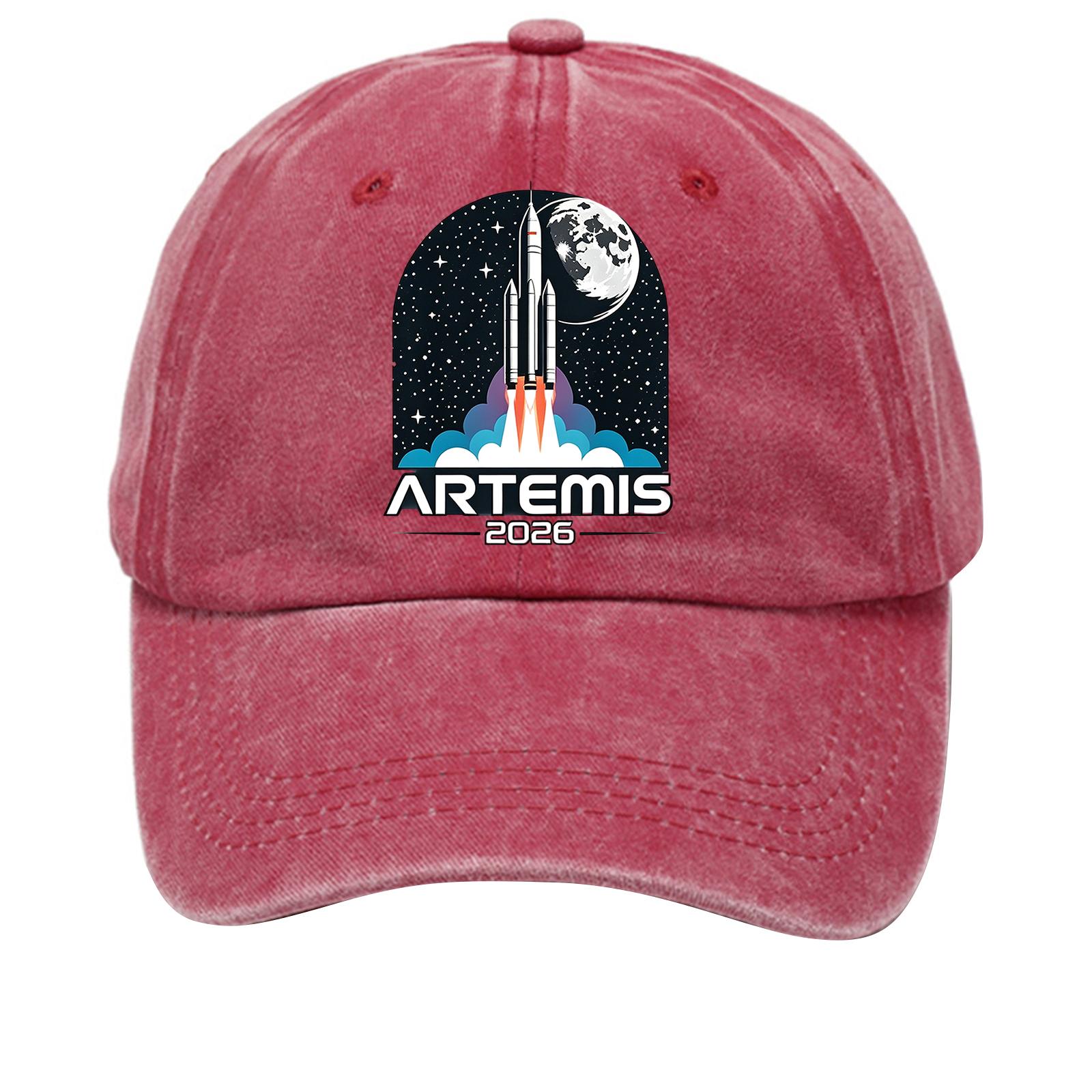 

Washed Cotton Soft Top Baseball Cap Vintage Style Denim Hat with Printed Rocket and Moon Graphic Adjustable Back Strap One Size червоний