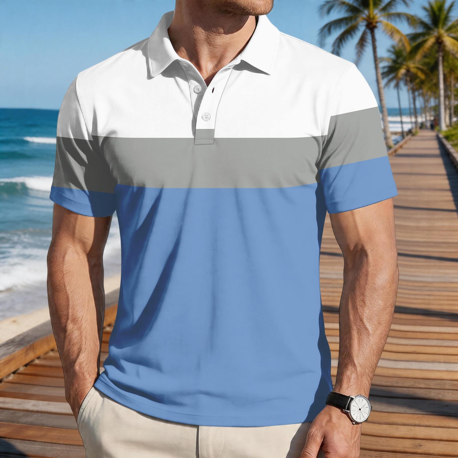 

Men Loose Fit Casual Striped Print Short Sleeve Polo Shirt with Turn Down Collar and Button Closure for Everyday Wear XXL синий