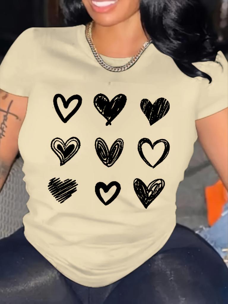 Heart Print Tshirt Casual Crew Neck Short Sleeve Top for Harajuku Short Sleeve Casual Clothing Street Tops Aesthetic Clothes