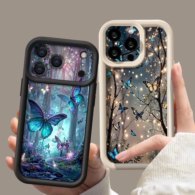 Měkké TPU Silikonové Pouzdro na Telefon Pro iPhone Air 16e 17 16 15 14 Pro Max 13 12 Pro 11 16 Plus Nárazuvzdorný Kryt se Vzorem Motýlů a Lesa