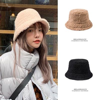 Bucket Hat Lamb Wool Hat Women's Fashion Autumn and Winter Big Head Circumference Cold and Warm Face Cover Plush Basin Hat