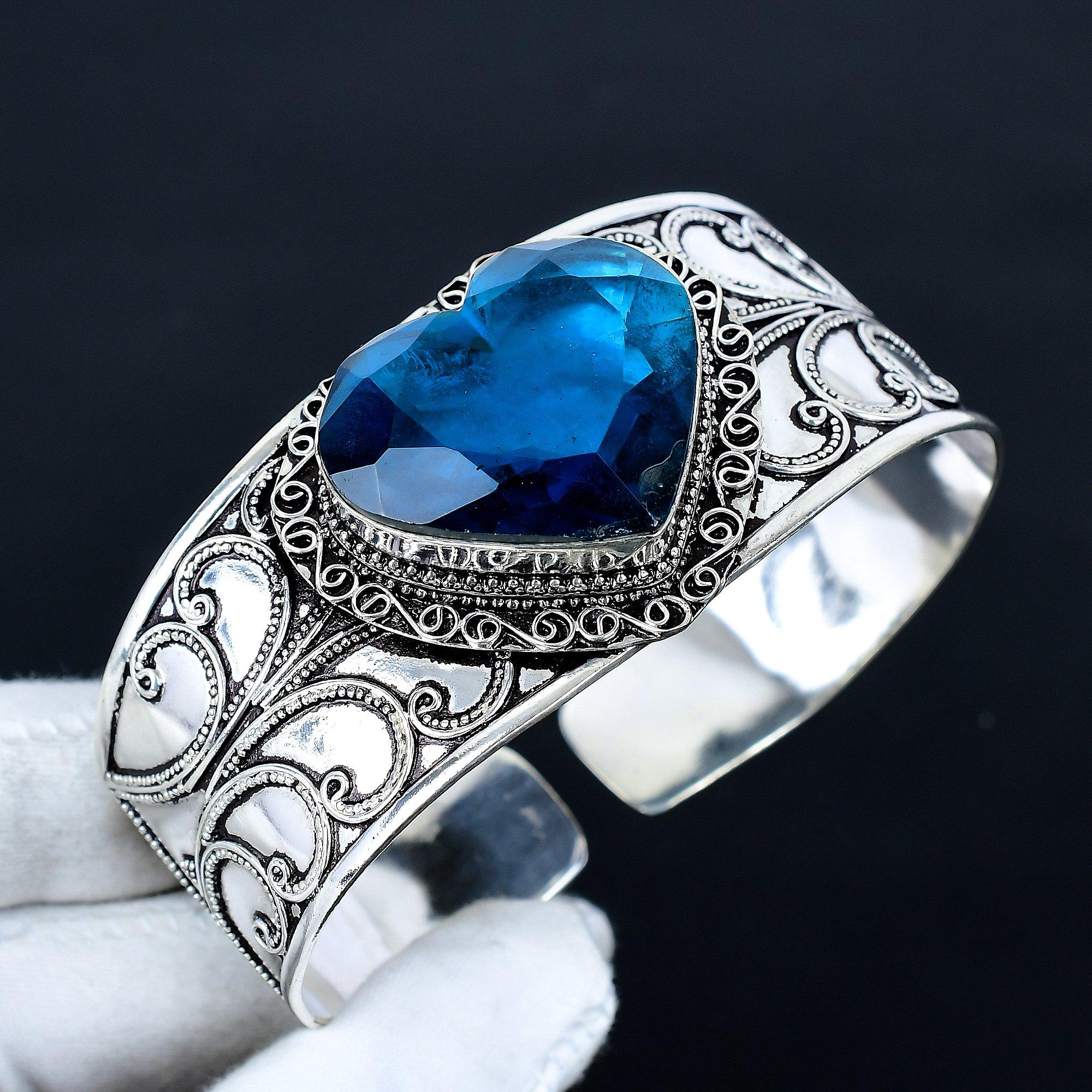 

London Topaz Heart Gemstone Bracelet, Bangle Adjustable Bracelet, 925 Sterling Silver Jewelry, Engagement Gift, London Topaz Bracelet New Year Gift Adjustable синий