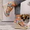 Fashion Summer Hot Selling Women's Shoes Fashion Color Matching Open Toe Wedge Heel Fabric One-line Buckle Women's High Heel Sandals