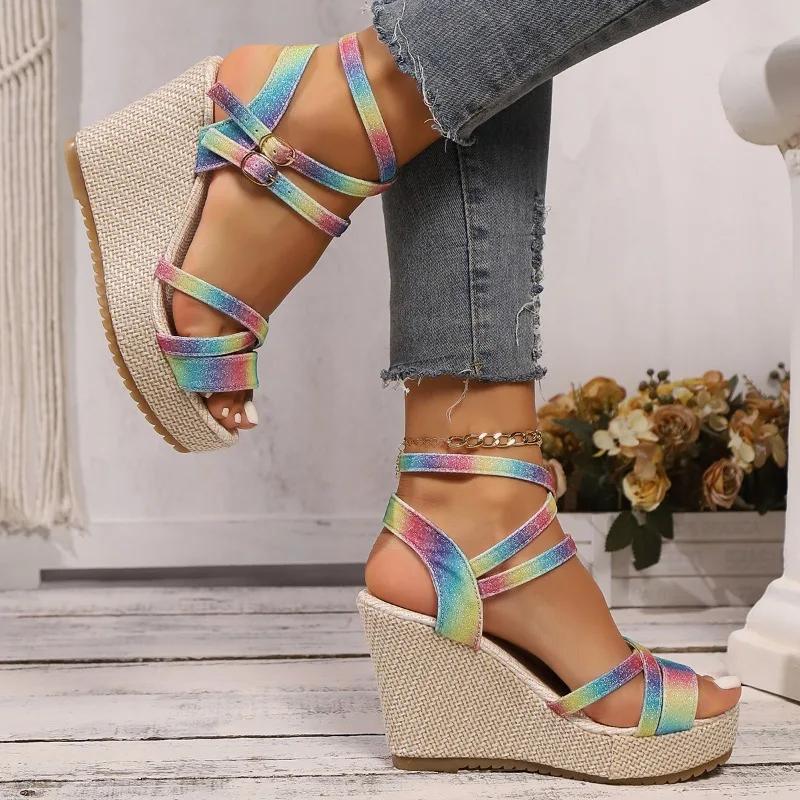 Fashion Summer Hot Selling Women's Shoes Fashion Color Matching Open Toe Wedge Heel Fabric One-line Buckle Women's High Heel Sandals