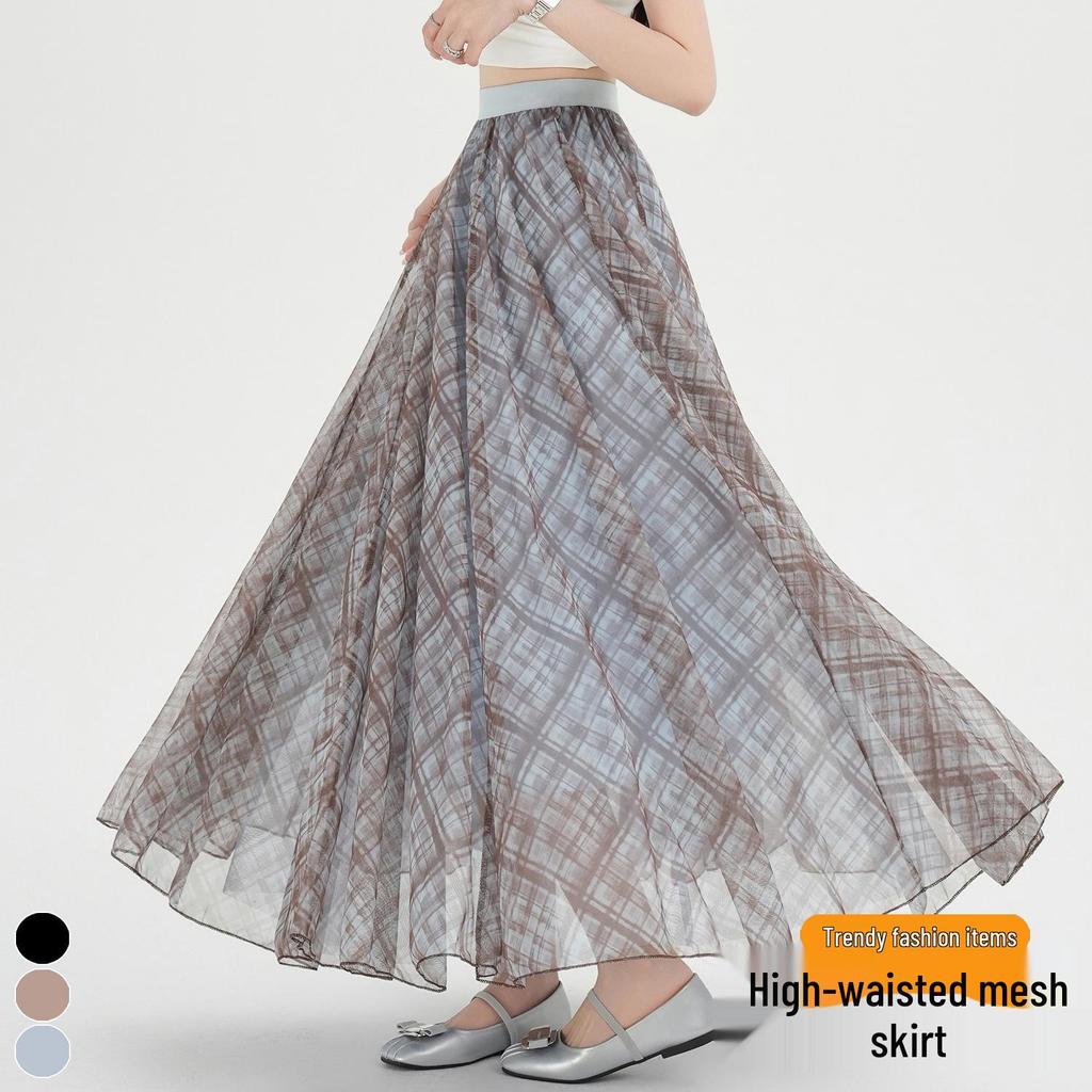 High-Waisted A-Line Plaid Mesh Skirt for Women - Elegant Slimming Umbrella Design