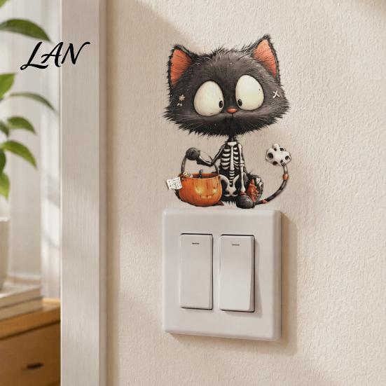 Halloween Atmosphere Room Decor Glow in The Dark Switch Outlet Stickers, Cute Black Cat Witch Theme Wall Decals Pumpkin Skull Decals, Waterproof