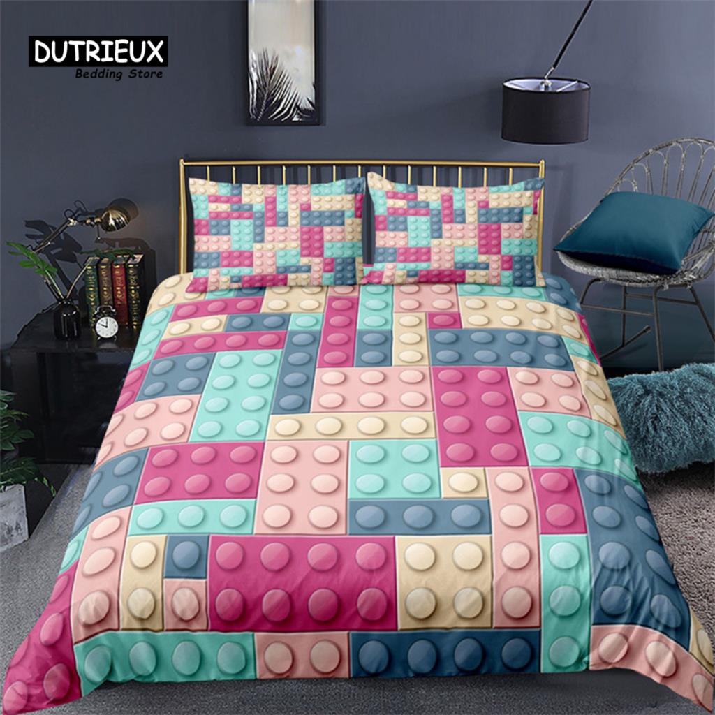Colorful Toy Duvet Cover Funny Building Blocks Bedding Set With Pillowcases For Toddler Kids Teens Boys Girls Gift Bedroom Decor
