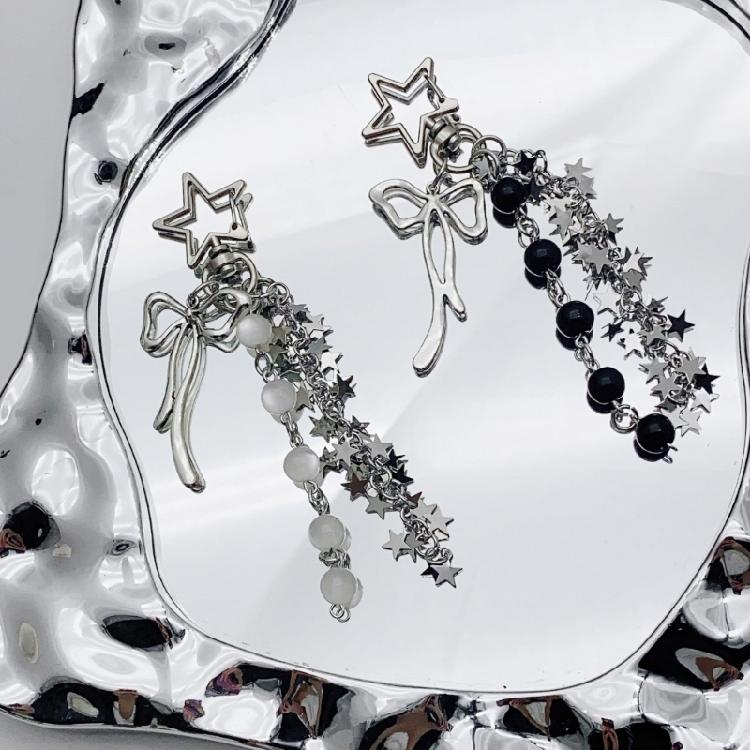 Unique Star Tassels Bowknot Keychain Fashionable Key Holder Phone Chain Beaded Keyring Ornament for Women and Teens