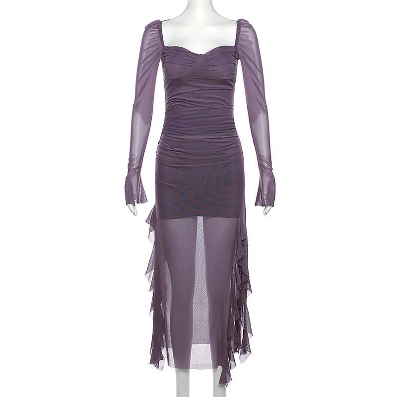 Dámské nepravidelné jarní volánové jednobarevné síťované šaty Spice Girl s rozparkem a dlouhým rukávem