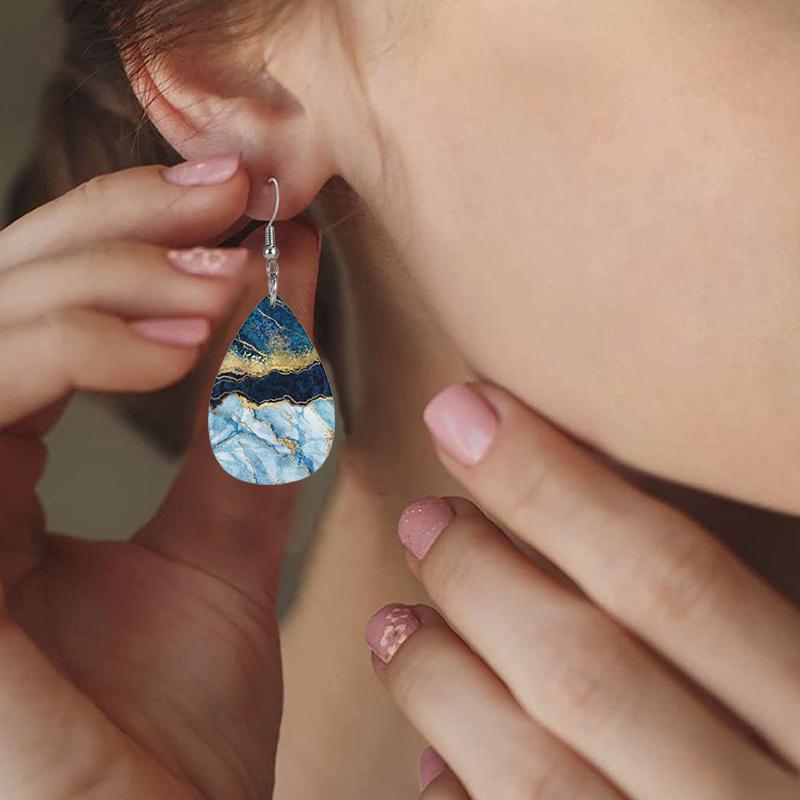 Creative Marble Pattern PU Leather Earrings for Women Abstract Beach Ocean Pattern Tears Earrings Double-sided Pattern Design Lightweight Earrings