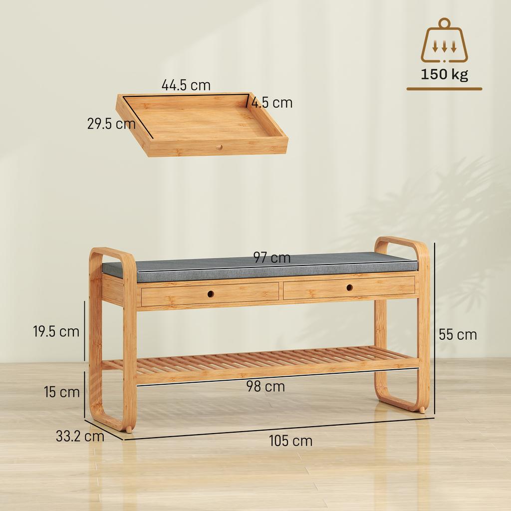 Shoe Bench With 2 Drawers Cushioned Seat Shoe Storage Bench For Hallway 105 Cm Natural And Grey