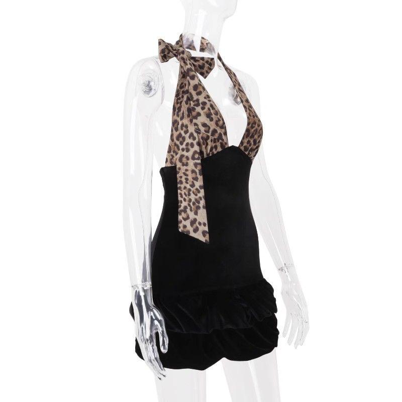 Velvet Leopard Patchwork Halter Mini Dress - Sexy, Slimming, Backless Design