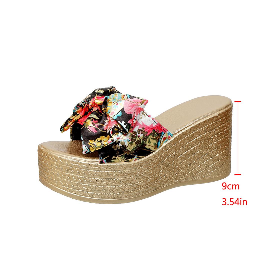 European and American foreign trade new muffin thick-bottomed printed one-word slippers women's large-size slope heel beach cool slippers