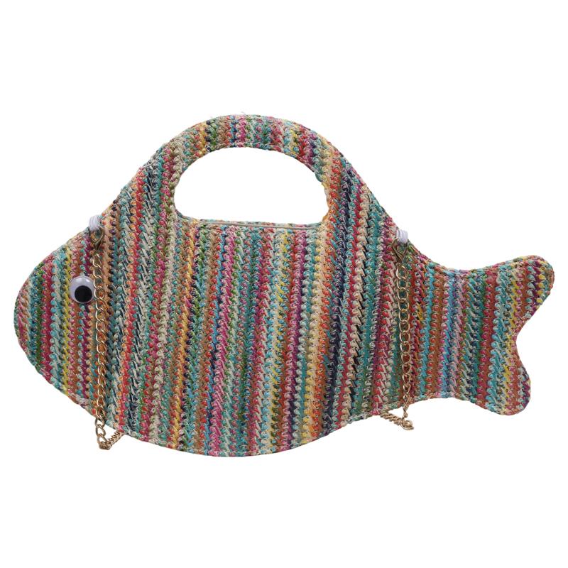 Cute Fish Shape Straw Clutch Bag for Women Handheld Woven Summer Beach Purse with Chain Strap Multicolor Hollow Weave Vacation Party Mini Handbag