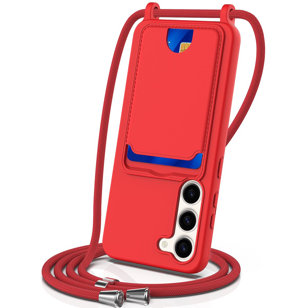 

For Samsung Galaxy S23 Case Liquid Silicone Back Card Holder Phone Cover with Lanyard Red