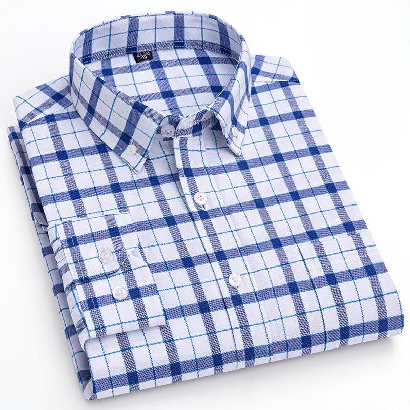 New Pure Cotton Business Men Oxford Shirt Long Sleeve Casual Plaid Striped with Chest Pocket Non-iron Autumn Spring