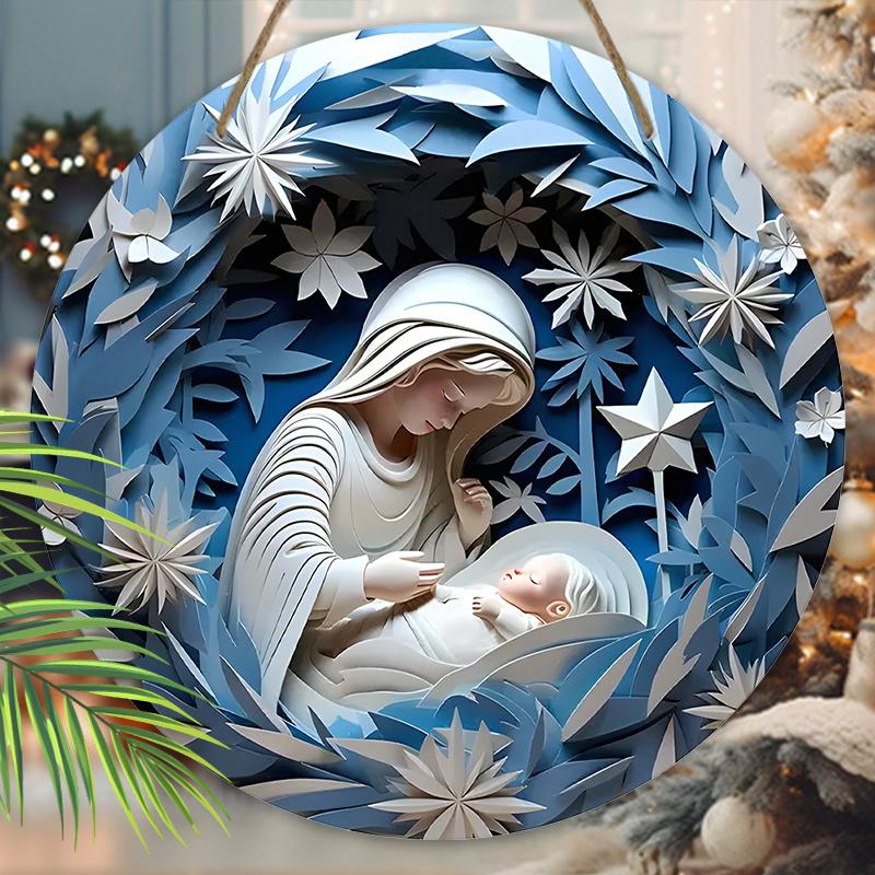 Nativity Scene Wooden Christmas Sign - Navidad Jesus Round Sign for Front Door Wall Hanging Decor - Ideal Christmas Ornament for Christians