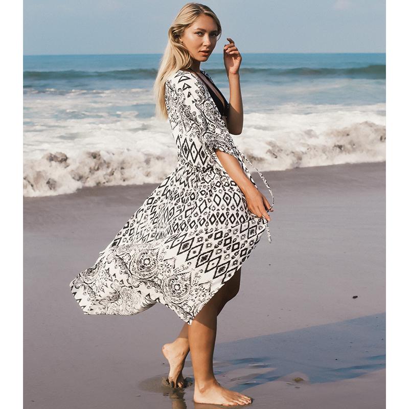 Lässige Bikini-Vertuschungen, blaue Tunika, Boho-Druck, Sommer, Übergröße, Strandkleidung, Badeanzug-Vertuschung